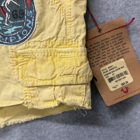True Religion Leslie Cargo Surf Shorts Surf Champions 69 Patch Yellow Sz 27 NWT - Picture 4 of 14
